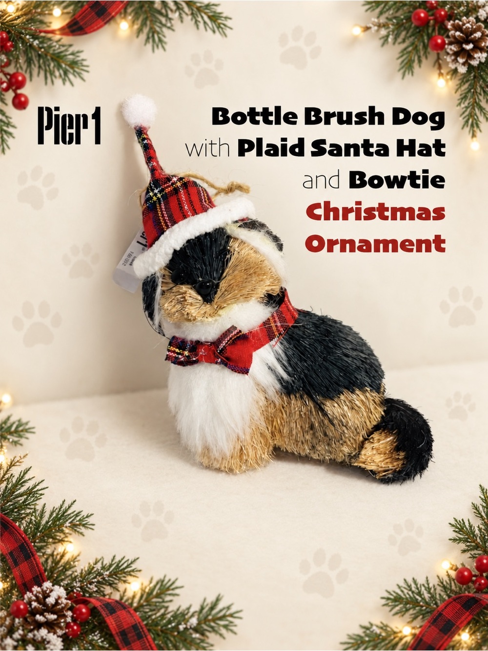 Pier 1 Bottle Brush Dog with Plaid Santa Hat and Bowtie Christmas Ornament NEW